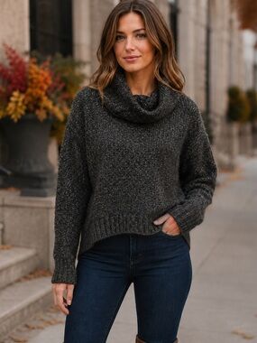 Acrylic & Cotton Blend Charcoal Multicolour Fleck Cowl Neck Knit Sweater Medium